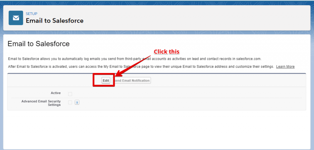 Click the “Edit” button in Email to salesforce